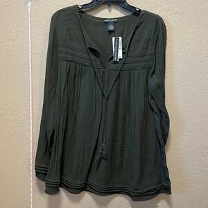 Chelsea & Theodore Fatigue Green Embroidered Boho Peasant Blouse 2X New